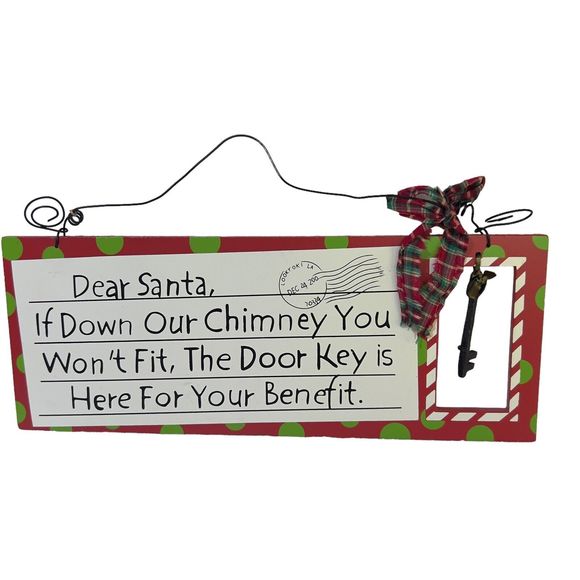Christmas Wooden Hanging Sign “Dear Santa” Key for Door Red Green Dots 12x7x1 - Picture 1 of 4